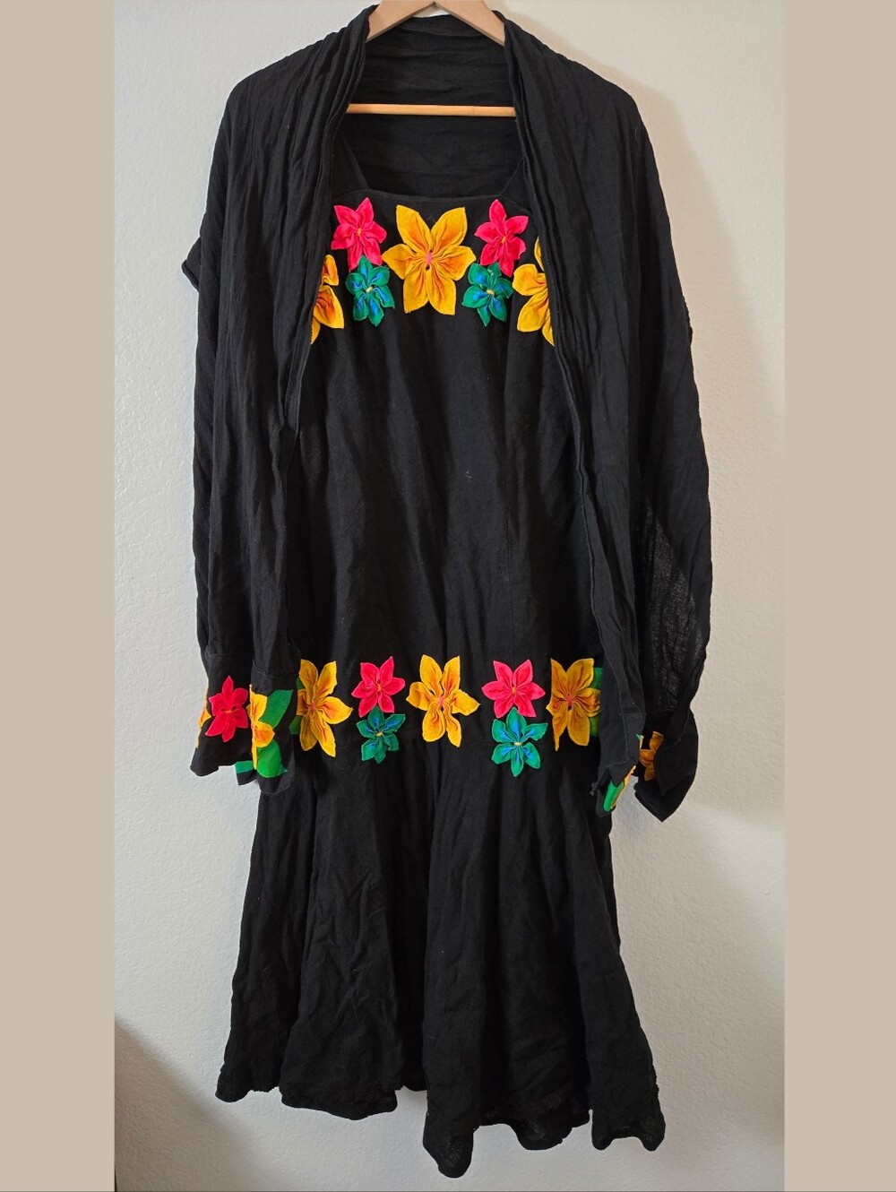 Black Traditional Mexican Style Sleeveless Maxi 100% Cotton Floral Aplique Dress